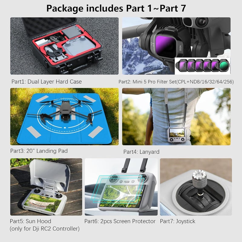 FPVtosky مجموعة ملحقات حقيبة صلبة لـ DJI Mini 5 Pro، مجموعة ملحقات الطائرات بدون طيار تشمل حقيبة مزدوجة الطبقات، واقي شمس RC2، حبل، واقي زجاجي مقسى لشاشة RC2، منصة هبوط، مجموعة فلاتر، عصا تحكم (7 في 1) - Image 2